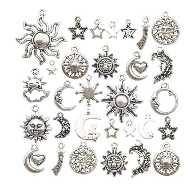 iloveDIYbeads 100g(80pcs) Craft Supplies Mixed Antique Silver Sun Moon Stars Charms Pendants for Crafting, Jewelry Findings Making Accessory for DIY Necklace Bracelet (M250) - Image 1
